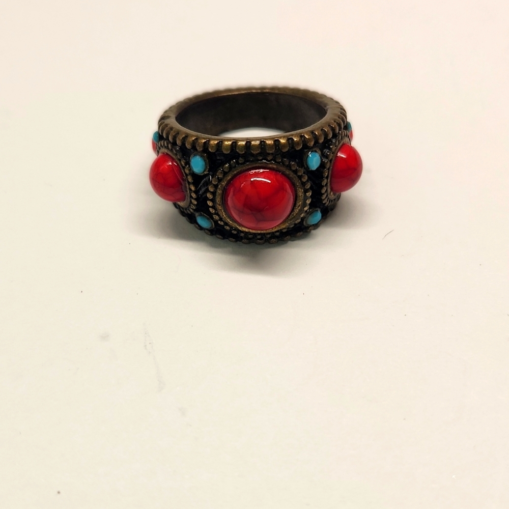Metal Ring with Red and Turquoise stones
